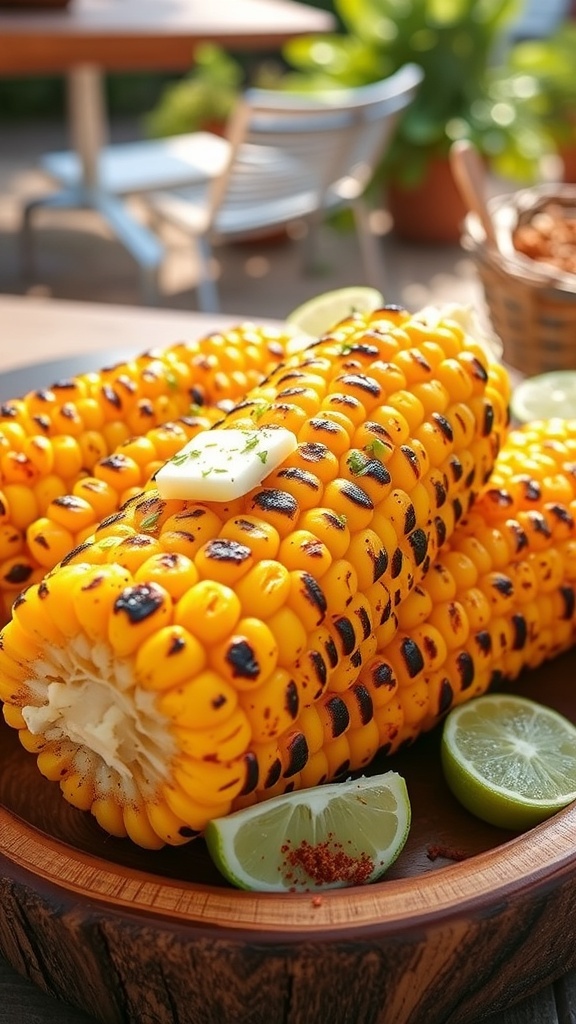 Grilled Corn on the Cob Recipe Grilled corn on the cob with butter and herbs on a rustic platter, set in a sunny outdoor setting.